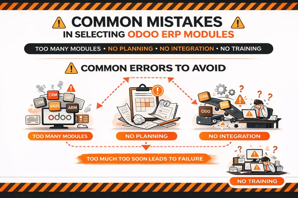 Common mistakes in selecting Odoo ERP modules including overloading and lack of planning
