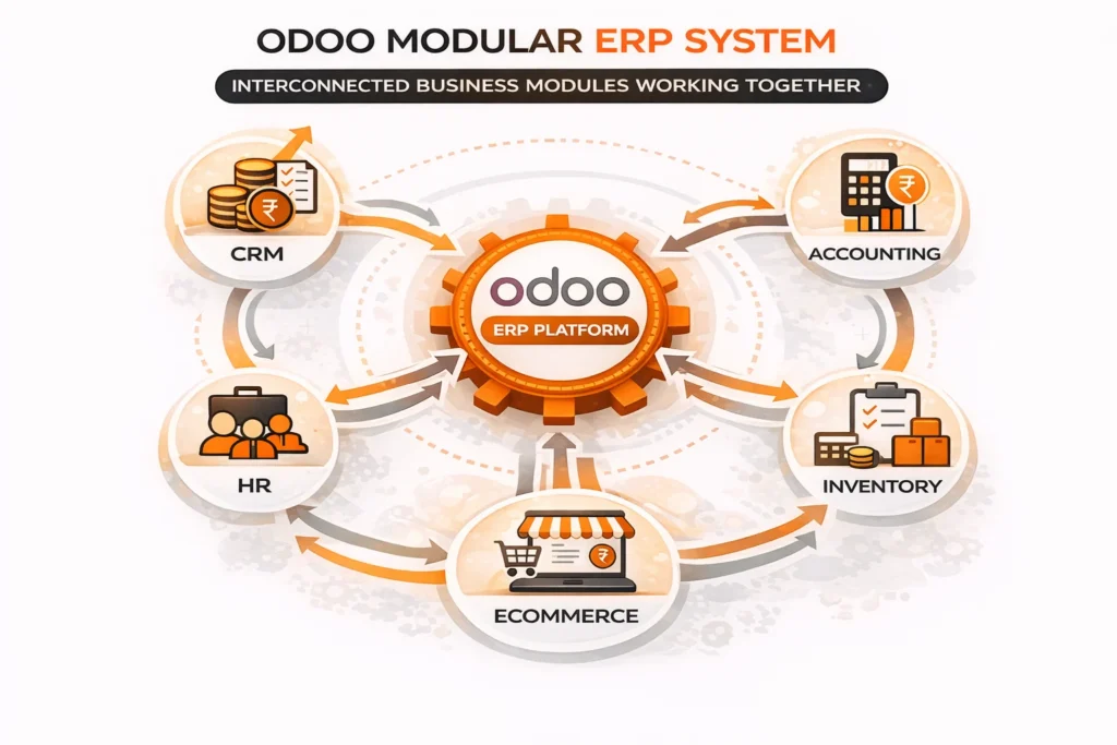Odoo modular ERP system showing interconnected business modules working together