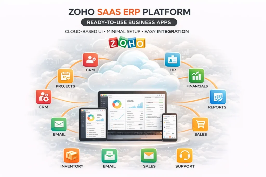 Zoho SaaS ERP platform showing ready-to-use cloud applications for business management