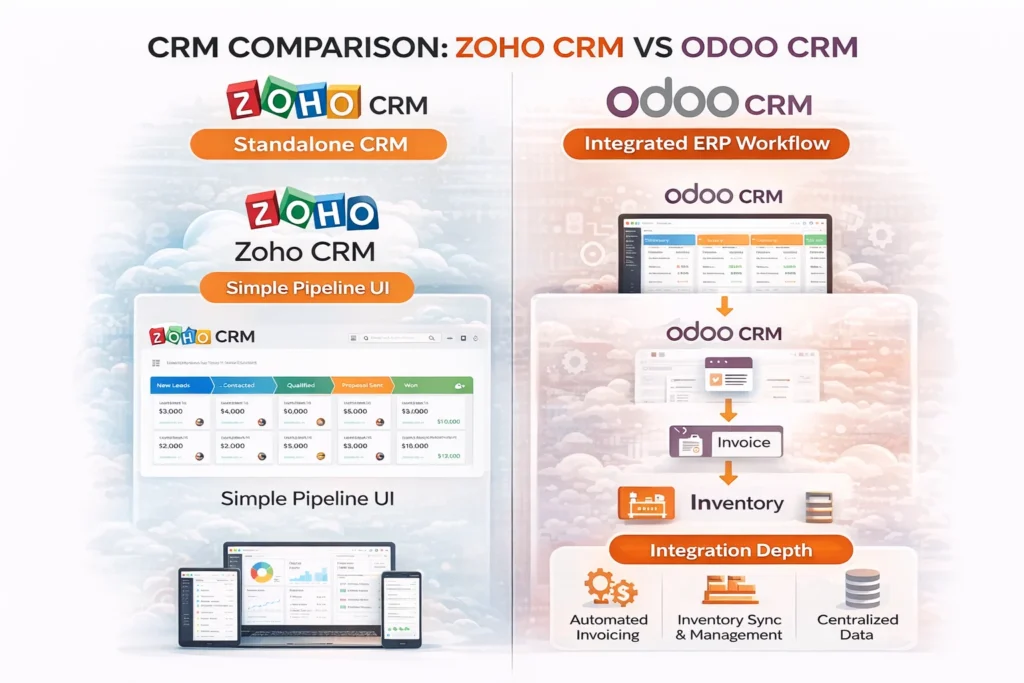 Comparison of Zoho CRM and Odoo CRM showing standalone CRM versus integrated ERP workflow
